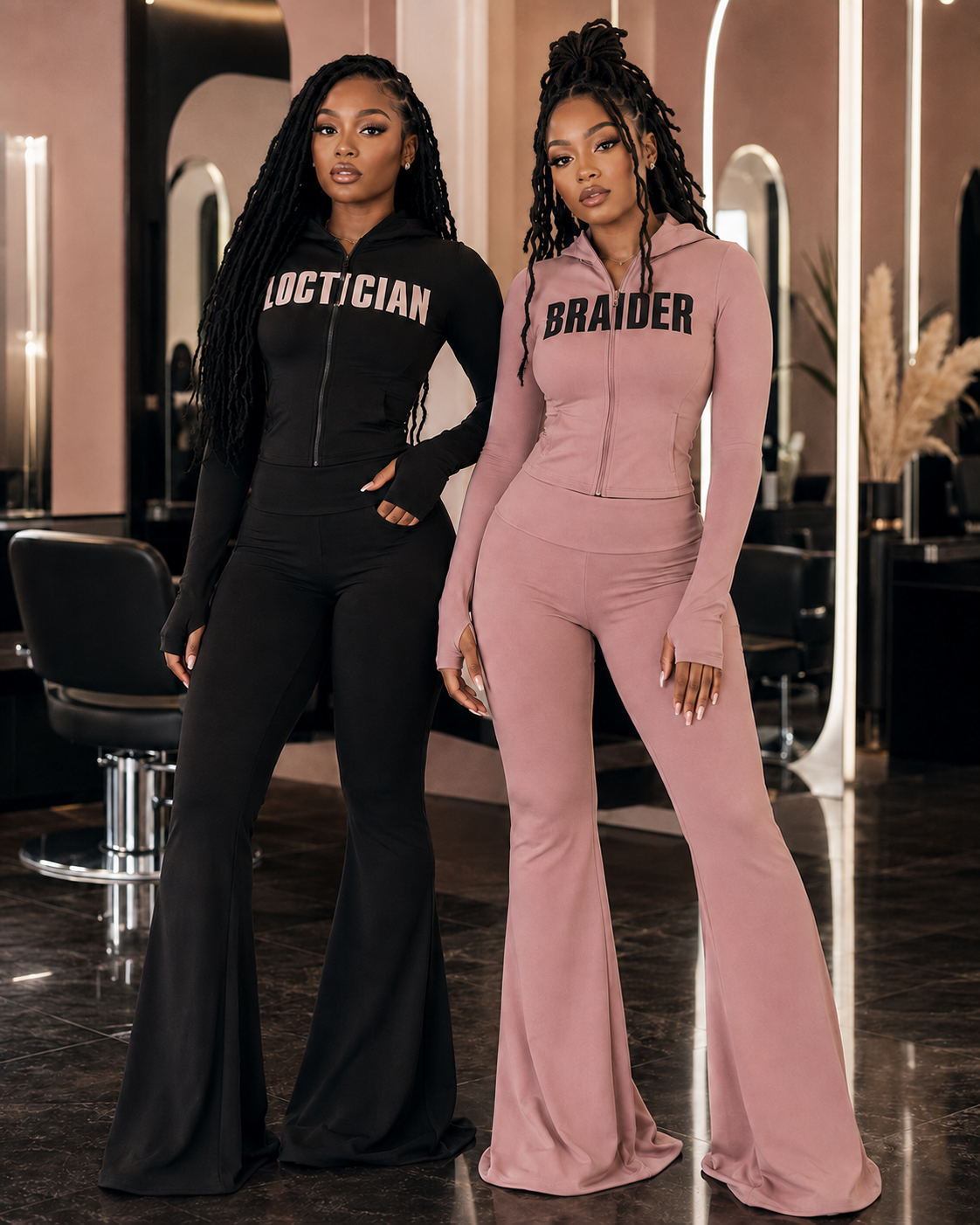 A loctician and braider wearing black and ballet pink Booked and Branded uniform sets